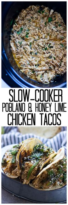 slow cooker pork and honey lime chicken tacos in a crock pot with text overlay