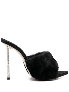 black goat skin/calf leather slip-on style crystal embellishment faux-fur detail open toe branded insole 105mm high heel Black Goat, Fur Mules, Crystal Embellishment, Mule Clogs, Leather Slip Ons, Mules Shoes, Mule, Calf Leather, High Heel