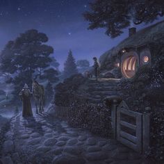 an image of a man and woman in front of a hobbot house at night