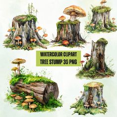 watercolor clipart tree stumps with mushrooms