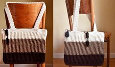 two pictures of the same purse on a chair