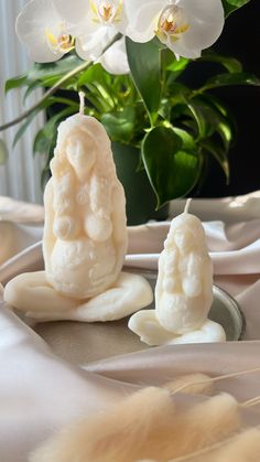 two candles are sitting on a table next to a potted plant and white orchids