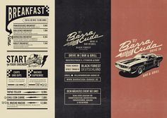 the menu for breakfast is shown in three different colors and styles, including red, black, and white