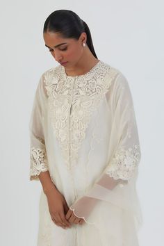 Ivory chanderi kurta with thread embroidery. Comes with silk pant. - Aza Fashions Elegant Cotton Silk Palazzo Set With Chikankari Embroidery, Off White Palazzo Set With Intricate Embroidery For Eid, Cream Palazzo Set With Resham Embroidery And Straight Kurta, White Chikankari Embroidery Lawn Suit For Reception, Cream Kurta With Intricate Embroidery For Transitional Season, Off White Kurta With Intricate Embroidery For Reception, Cream Palazzo Set With Resham Embroidery, Transitional Cream Kurta With Intricate Embroidery, White Kaftan With Dupatta For Wedding