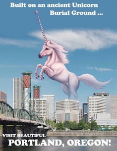 an unicorn is flying over the water with buildings in the background