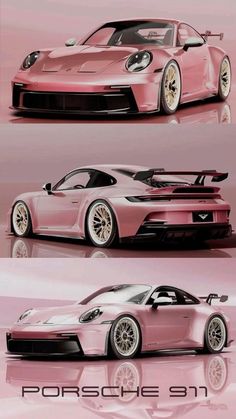 two different views of a pink sports car