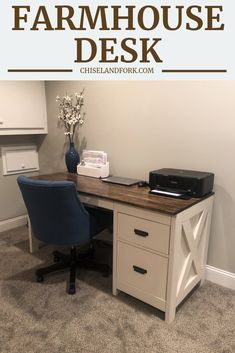 an office desk with the words how to build a farmhouse desk