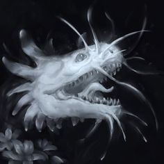 a white dragon with its mouth open on a black background and some flowers in the foreground