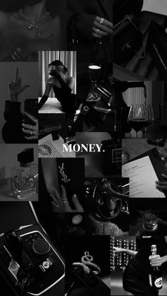 black and white collage with the words money on it