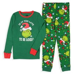 On the outskirts of Whoville lives a green, revenge-seeking Grinch who plans to ruin Christmas for all of the citizens of the town. This family How the Grinch Stole Christmas pajama sleep set-top features the character known as the Grinch with a funny saying beneath him. The pants feature a tossed print of his face and Christmas lights. The top has full sleeves for those long Christmas and winter nights, and both the pants and shirt have ribbed fabric for a no-slip feel at the ankles and wrists. The whole set is 100% cotton. Size: 10.  Color: Multicolor.  Gender: unisex.  Age Group: kids. Toddler Christmas Pajamas, Grinch Pajamas, Pants And Shirt, Christmas Slippers, The Grinch Stole Christmas, Family Pajama Sets, Halloween Pajamas, Christmas And Winter, Toddler Pajamas