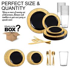 Black with Gold Marble Rim Disposable Plastic Wedding Value Set Clear Tumblers, Gold Cutlery, Plastic Dinnerware, Black And Gold Marble, Gold Cup, Plastic Plates, Black Plates, Charger Plates, Disposable Tableware