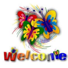 a welcome sign with colorful butterflies on it's back and the words welcome written in multicolored letters