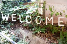 a welcome sign is seen through the window of a building in front of some plants