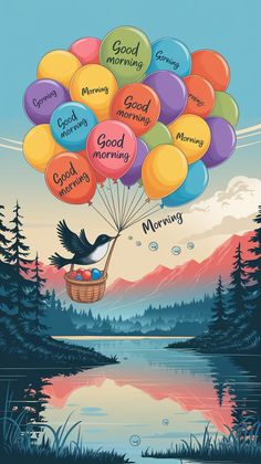 a bird flying with balloons that say good morning