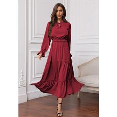 100% Polyester Features: Womens Dresses/Long Dresses For Women/Long Sleeve Dress/Cocktail Dresses/Fall Dresses/Maxi Dress/Ankle Length/High Waist/Solid Color/Boho Dress/Crew Neck/With Tie And A Hole At The Neck Closure/Wedding Guest Dresses For Women/Flowy Loose Casual Dress/Halter Neck Dress/Ruffle Dress The Comfortable And Soft Polyester Fabric Makes This Long Sleeve Dress Extremely Skin-Friendly. You Will Fall In Love With It Right Away .This Solid Color Ruffle Maxi Dress, Whether It Is The L Flowy Red Midi Dress For Fall, Chic Burgundy Maxi Dress For Fall, Flowy Red Maxi Dress For Fall, Burgundy Long Sleeve Maxi Dress For Date Night, Chic Burgundy Long Sleeve Maxi Dress, Flowy Red Dress For Fall, Long Sleeve Boho Maxi Dress, Dresses For Women Long Sleeve, Wedding Guest Dresses For Women