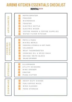 the kitchen essentials checklist is shown in orange and white, with text on it