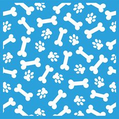 a blue background with white dog paws and bones