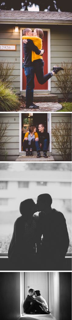 three different shots of people standing in front of a house with their arms around each other