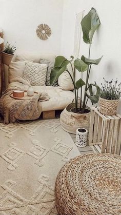 a living room with wicker furniture and plants