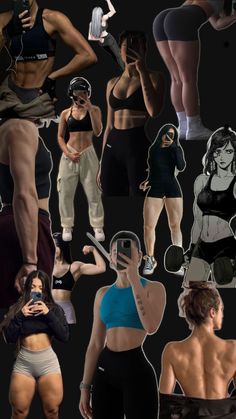 a collage of women in sports bras and shorts, all showing their muscles