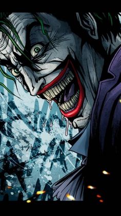 the joker from batman comics with his teeth and green hair is smiling at the camera