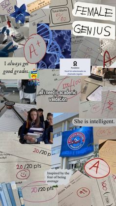 collage of various images with words and pictures on them, including letters that spell out female genius