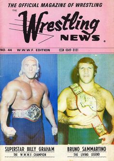 an old wrestling magazine cover with two men in the same wrestler's belt and one man