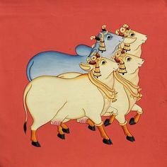 two cows are standing next to each other on a red background with blue and yellow designs