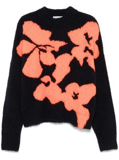 midnight blue/orange knitted construction ribbed trim crew neck floral intarsia drop shoulder long sleeves straight hem Blue Graphic Print Spring Sweater, Blue Long Sleeve Sweater With Embroidered Graphics, Intarsia Knit Sweater, Blue Jacquard Knit Sweater, Orange Textured Knit Crew Neck Sweater, Multicolor Graphic Print Knit Sweater, Chanel 2, Yoko London, Iconic Bags