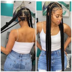 Jumbo Half Up Half Down Braids, 5 Box Braids Hairstyles, 2 Braids With Knotless In The Back, Simple Braids With Weave, Two Braid Styles For Black Hair, French Braid Styles For Black Women, Four Braids Cornrow Natural Hair, Half Up Half Braided Hairstyles, 5 Braids Hairstyles