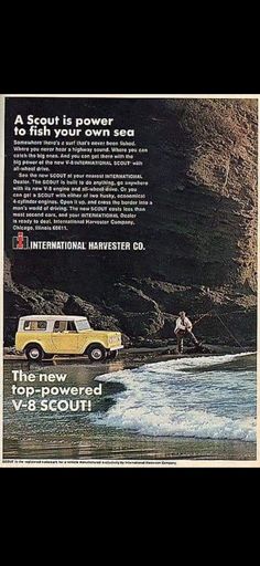 an advertisement for the international harvester v - 8 scout van in front of a cliff