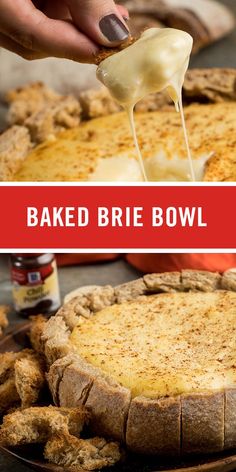 baked brie bowl recipe with cheese being drizzled over the top and bottom