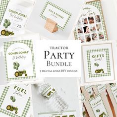 tractor party bundle with green gingham labels and matching items for guests to use