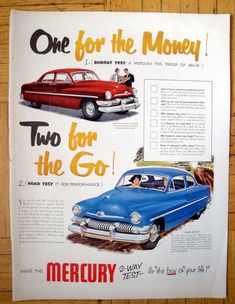 an old car ad with two for the go on it's front and back