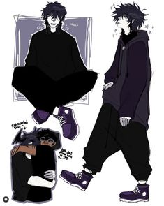 an anime character with black hair and purple shoes