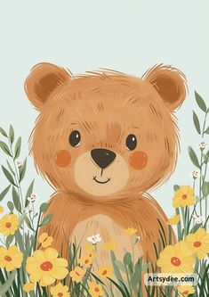 a brown teddy bear sitting in the middle of some flowers