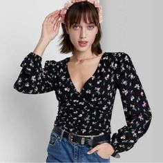 Wild Fable Black Floral Long Sleeve Boho Top Cinched Small Nwt Feminine Black Tops For Fall, Feminine Black V-neck Blouse, Fitted Black Floral Print Tops, Feminine Black Floral Print Top, Yellow Flannel Shirt, Target Wild Fable, Boho Long Sleeve Top, Black Crop Tee, Long Crop Top