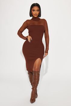 Available In Brown And Black. Mock Neck Midi Dress Yoke Mesh Cut Out Long Sleeve Ribbed Stretch Body: 68% Rayon 32% Polyester Mesh: 100% Polyester Imported | Rosie's Lust Mock Neck Midi Dress in Brown size Medium by Fashion Nova Brown Knee-length Bodycon Winter Dress, Brown Knee-length Winter Bodycon Dress, Brown Bodycon Midi Dress For Fall, Brown Stretch Bodycon Dress For Winter, Brown Long Sleeve Bodycon Dress For Winter, Winter Brown Stretch Bodycon Dress, Brown High Neck Winter Dress, High Neck Bodycon Dress For Fall, Brown Bodycon Long Sleeve Midi Dress