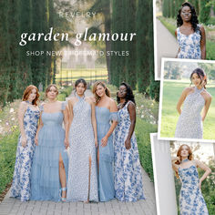 a collage of photos with the same woman in blue dresses and one wearing a flowered dress