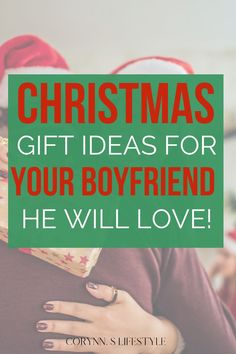 Photo of a couple hugging each other and holding a gift while wearing Santa hats. Christmas Gift Ideas for your boyfriend he will love! Christmas Gift Ideas For Boyfriend, Stocking Stuffers For Adults, Gift Ideas For Boyfriend, Gifts For Your Boyfriend, Your Boyfriend, My Boyfriend