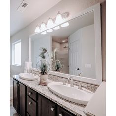 a bathroom with double sinks and large mirror above it's countertop, along with two planters on either side of the sink