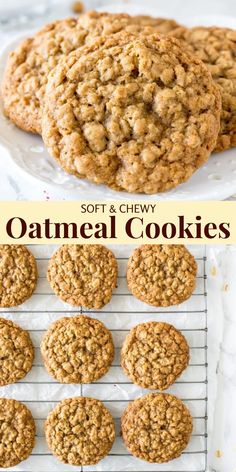 soft and chewy oatmeal cookies on a cooling rack with text overlay