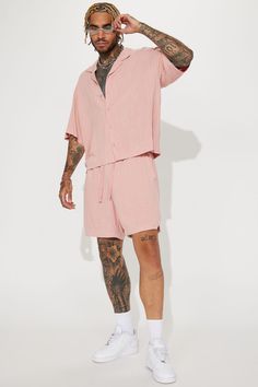 Available In Mauve. Fold Down Collar Front Button Closure Short Sleeve Pair With Can't Quit Textured Linen Warm Up Shorts Shell: 70% Rayon 30% Linen Imported | Mens Can't Quit Textured Linen Button Up Shirt in Mauve size Large by Fashion Nova Casual Short Shirt For Spring, Casual Short Spring Shirt, Summer Button-up Shirt With Button Cuffs, Casual Summer Shirt With Button Cuffs, Pink Button-up Shirt For Loungewear, Pink Button-up Bottoms For Summer, Summer Top With Button Closure And Short Length, Short Spring Tops With Buttons, Summer Shirt With Button Cuffs For Daywear