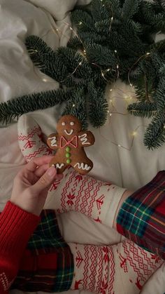 a person is holding a gingerbread ornament in front of a christmas tree