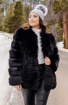 Soft-to-the-touch faux fur means luxurious texture in this statement-making jacket that's perfect for cool nights on the town. 28" length Front hook-and-eye closure Jewel neck On-seam pockets Lined 100% polyester faux fur Dry clean Imported Women's Ponchos & Wraps, Hook And Ring, Fox Coat, Kids Vest, Black Fox, Fabulous Furs, Ladies Poncho, Men's Coats And Jackets, Kids Coats