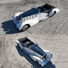 two old fashioned cars are parked in the middle of an empty parking lot, one is blue and white