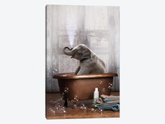 an elephant sitting in a bathtub with bubbles coming out of it's trunk