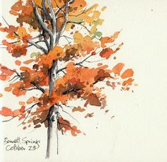 a watercolor painting of a tree with orange leaves