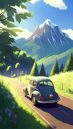 a painting of a car driving down the road in front of a mountain range with trees and flowers