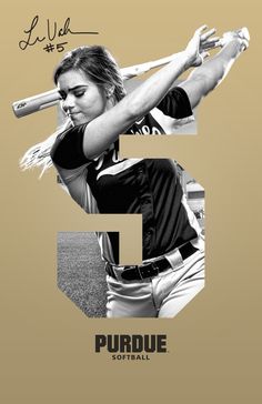 a woman holding a baseball bat on top of a field with the number 5 in front of her